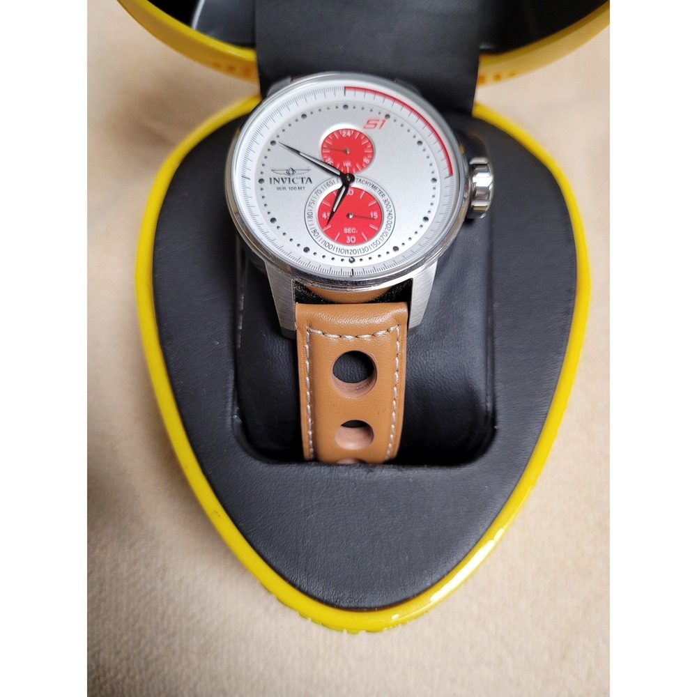 Invicta S1 Rally GMT Mens Watch 16018 White Red Dial Tan Leather Helmet Case NIB